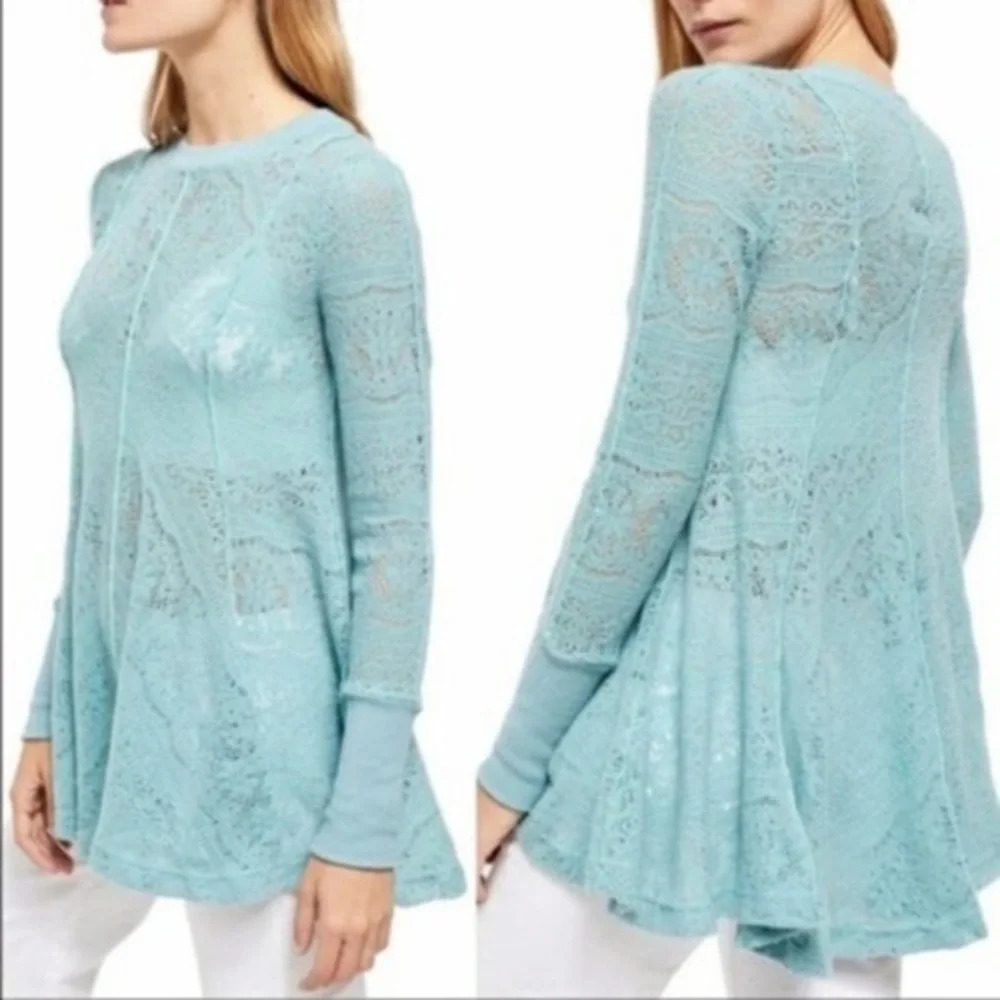Free People Coffee In The Morning Astral Sea Aqua Crochet Tunic Xsmall Women’s